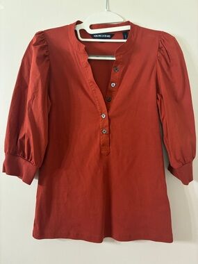 Veronica Beard Rust Red Puff-Sleeve Button-Front Top